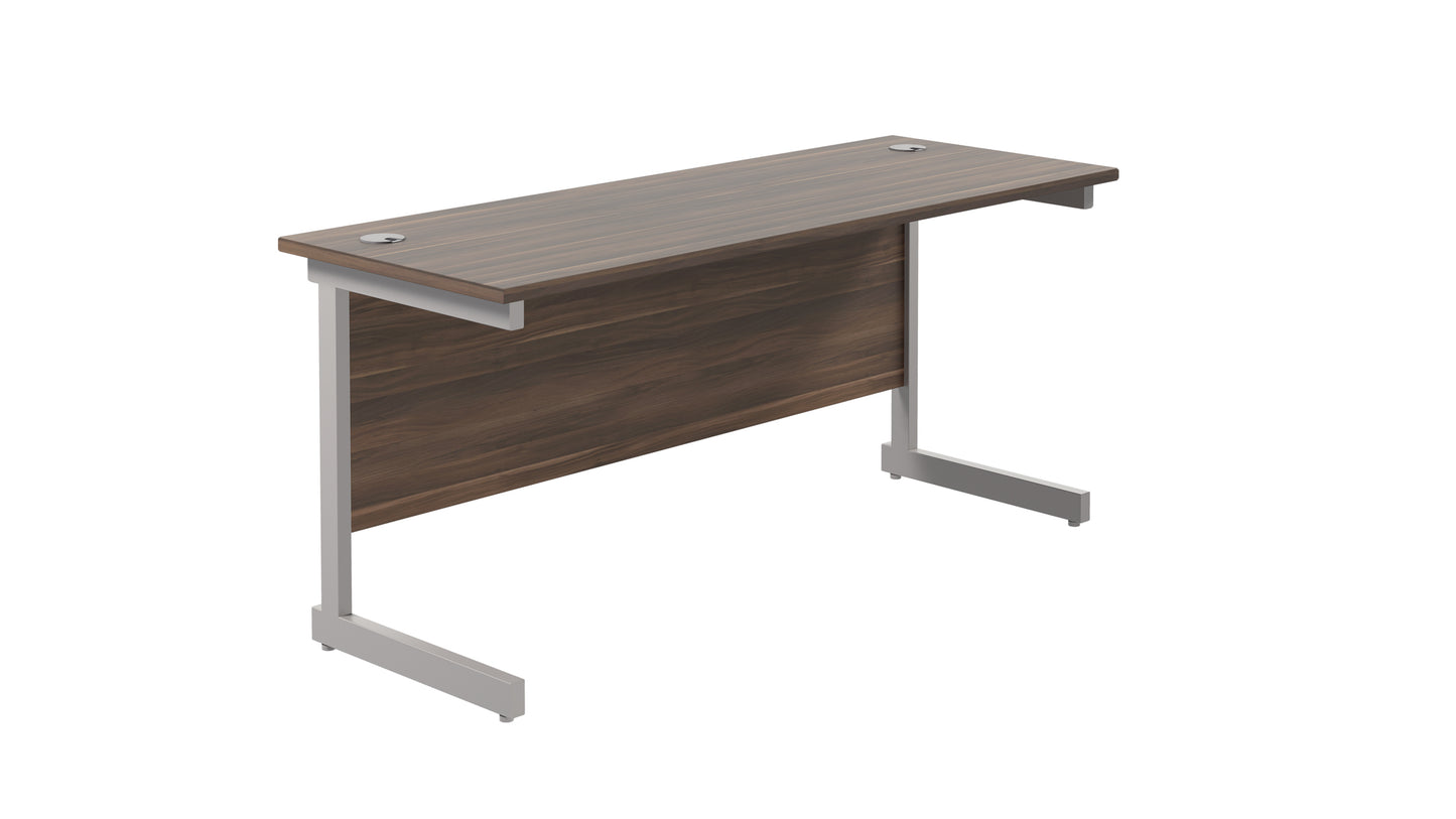 Single Upright Rectangular Desk: 600mm Deep | 1600X600 | Dark Walnut/Silver