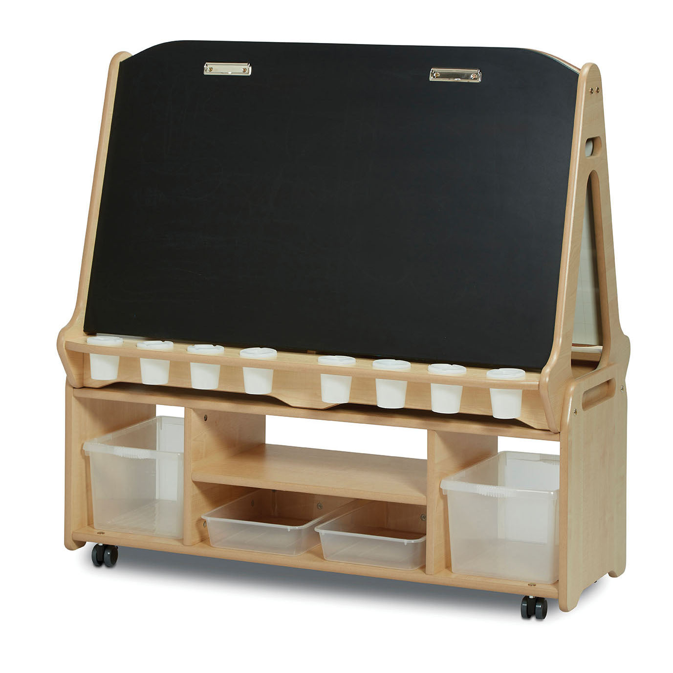 Millhouse Early Years Double-sided 4 Station Chalk/Whiteboard Easel with Tall Easel Storage Trolley