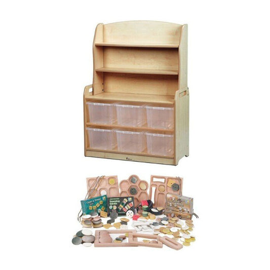 Millhouse Early Years Welsh Dresser Display Storage with 6 clear tubs and PT1146 Loose Parts Kit