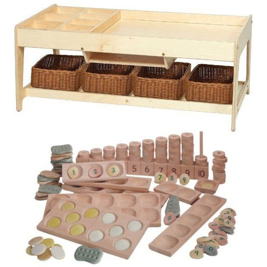 Millhouse Early Years Investigative Play Table and 4 Baskets plus PT1145 Indoor Maths Kit