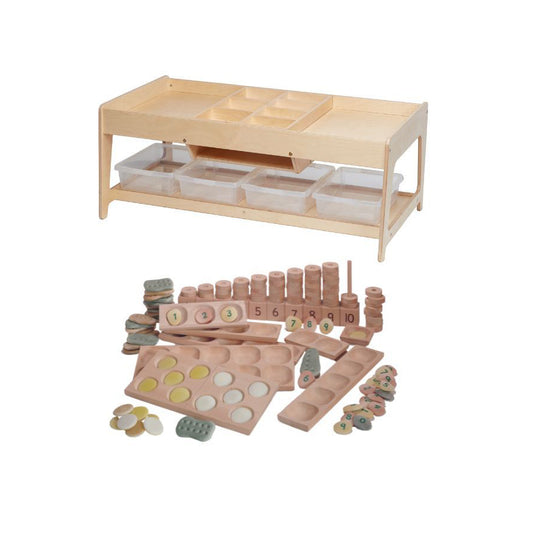 Millhouse Early Years Investigative Play Table and 4 Clear Tubs plus PT1145 Indoor Maths Kit