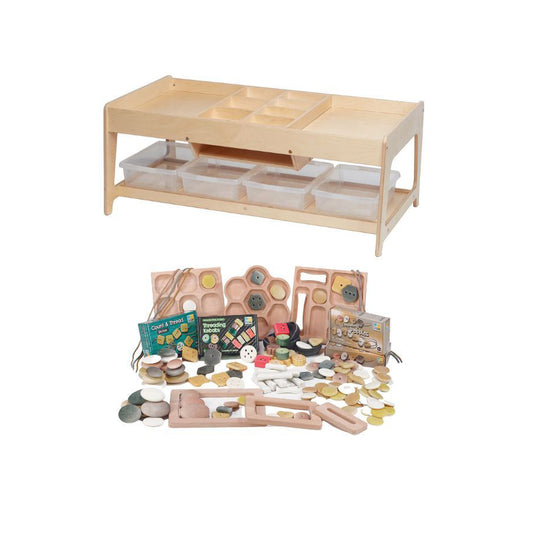 Millhouse Early Years Investigative Play Table and 4 Clear Tubs plus PT1146 Loose Parts Kit