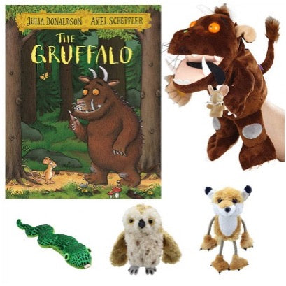 Book set with The Gruffalo book and four soft toys, including fox, owl, snake and Gruffalo.