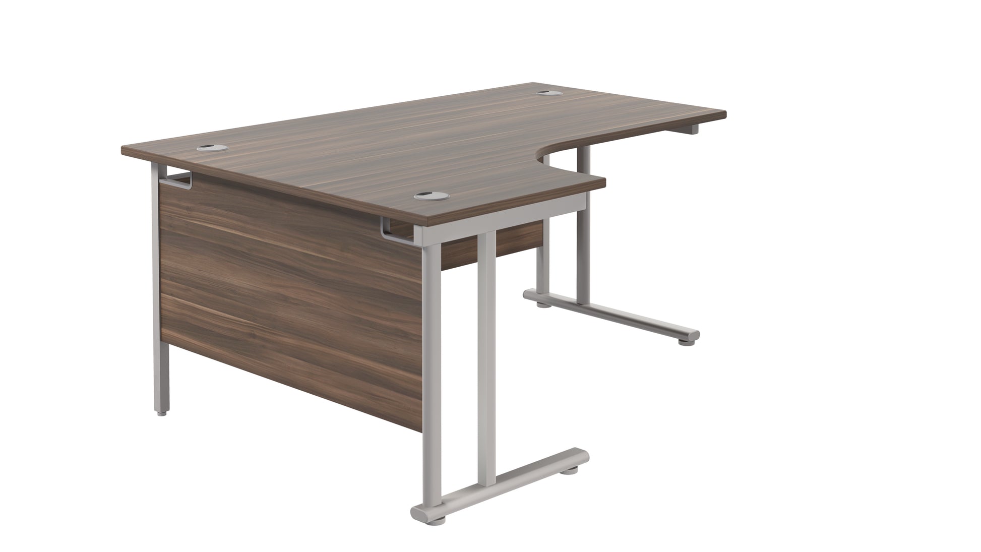 Twin Upright Left Hand Radial Desk | 1600X1200 | Dark Walnut/Silver