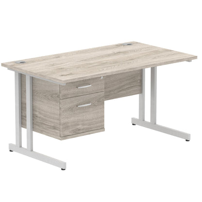 Impulse Cantilever Straight Desk Silver Frame With Fixed Pedestal