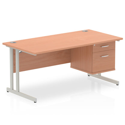 Impulse Cantilever Straight Desk Silver Frame With Fixed Pedestal