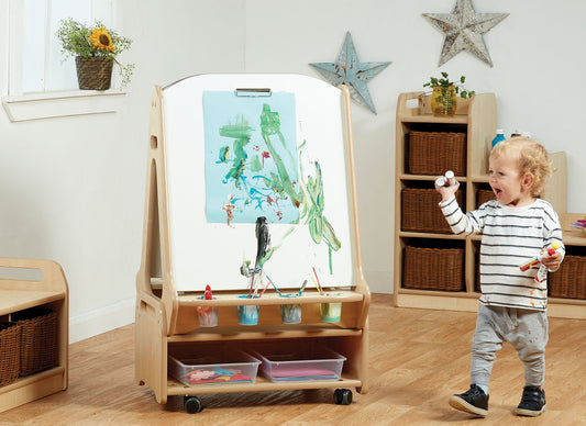 Millhouse Early Years Double-sided 2 Station Whiteboard Easel with Low Storage Trolley